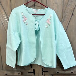 Embroidered Aqua Bed Jacket with floral embroidery with ribbon trim   Very soft